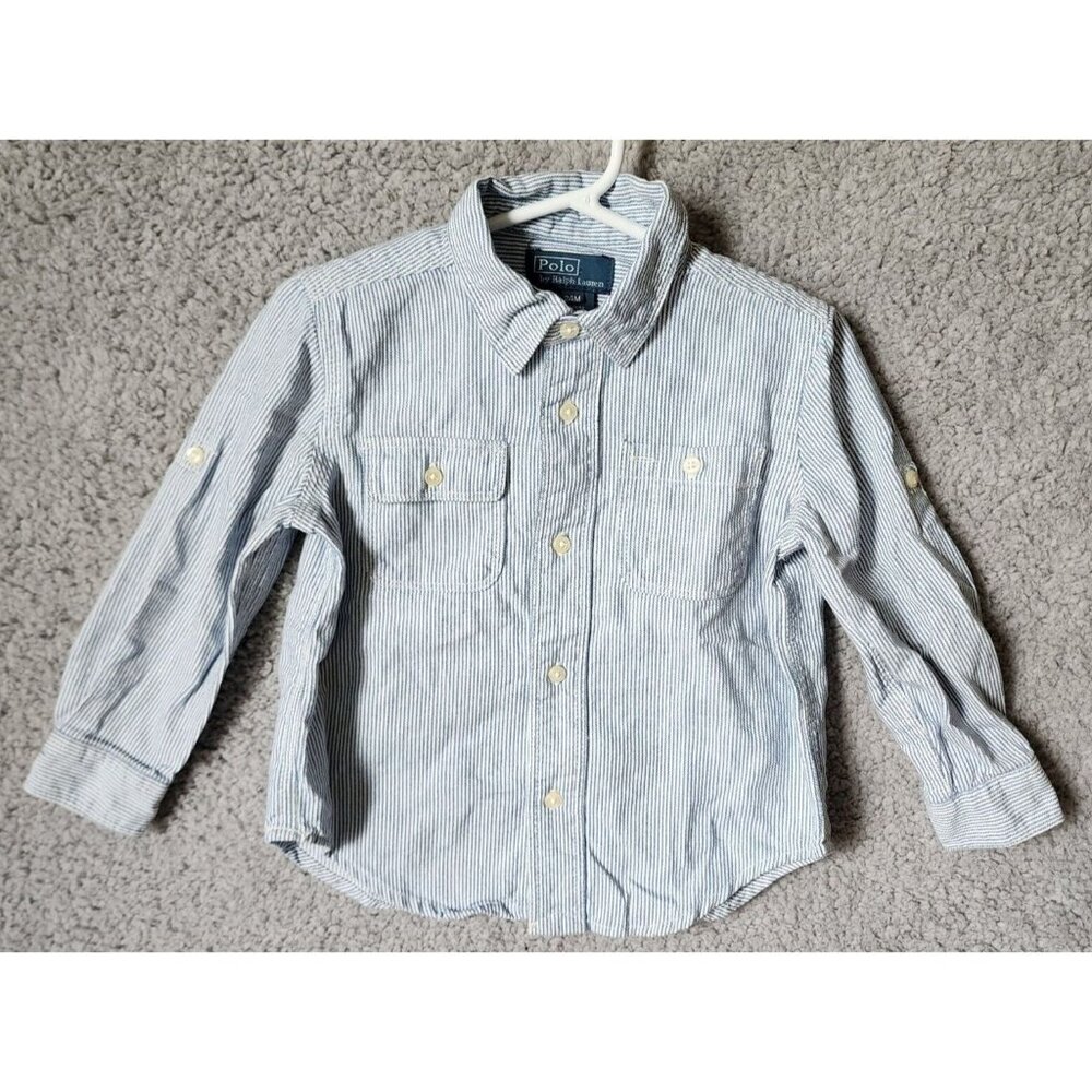 Polo Ralph Lauren Blue White Striped Long Sleeve Button Up‎ Shirt Youth Size 24M